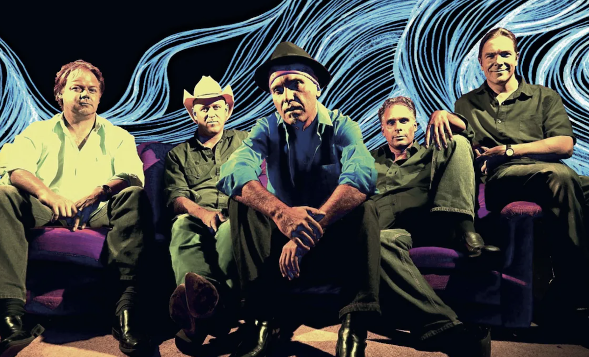 Adelaide blues rock band House of Blues five members posing seated together against a stylised blue graphic background for a promotional promo photo.